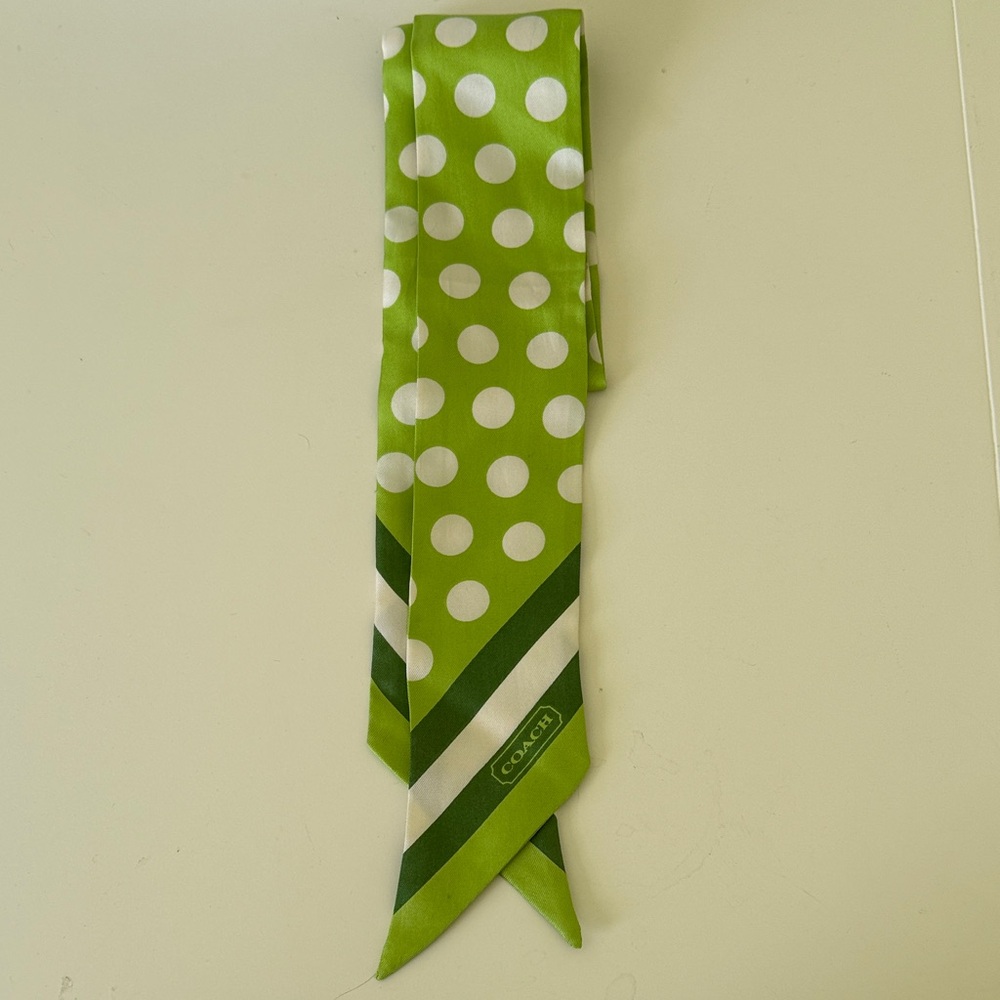 Coach Lime Green and White Polka Dot Silk Ponytail Handbag Scarf